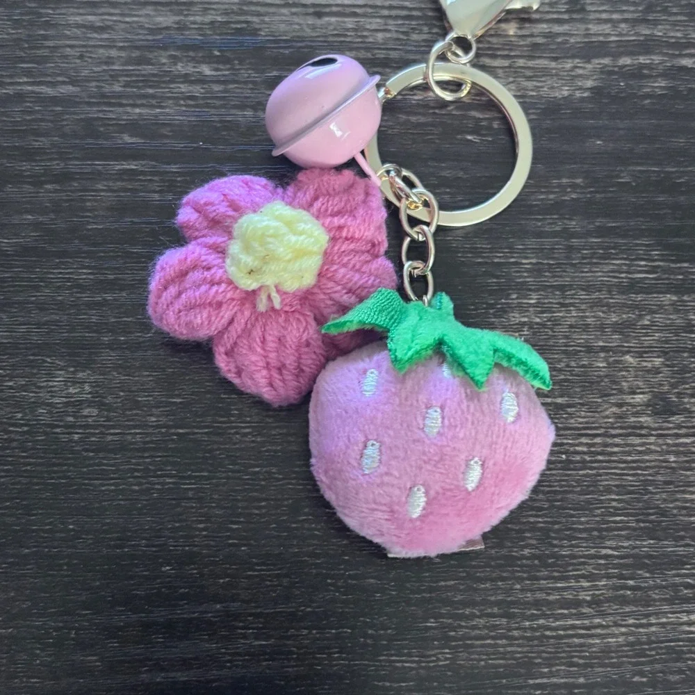 Handmade Pink Strawberry and Flower Plush Keychain with Bell Gold Tone Hardware